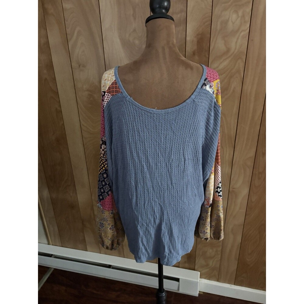 Adora Women’s Blue Waffle Knit Top Patchwork Long Sleeves Size Medium‎ Oversized - Picture 2 of 4